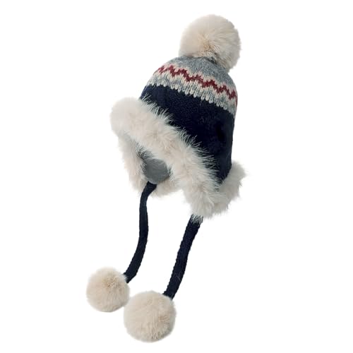 Women Winter Warm Knit Beanie Earflap Hat with Pompom Plush Lined Russian Ushanka Trapper Hat Thermal Windproof Ski Snow Cap - color: Navy Blue