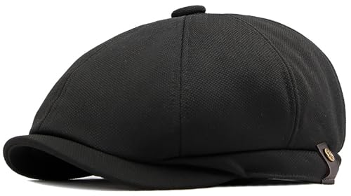 Men's 8 Panel Newsboy Cap Vintage Peaked Cap Adjustable Flat Cap Irish Cabbie Ivy Driving Hunting Hat - color: Black