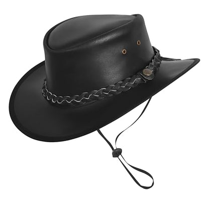 Black Leather Cowboy Hat – Australian Outback Style Western Hats for Men Leather Rancher Hat with Braided Band - size: Large