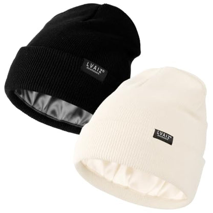 2 Pack Satin Lined Beanies for Men and Women Warm Cuffed Winter Hats - color: Black+white