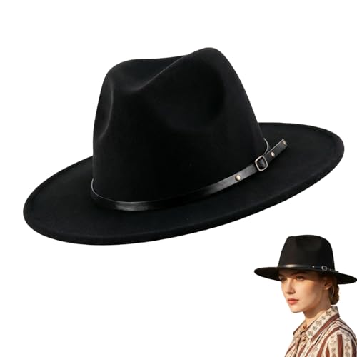 Fedora Hat with Belt Buckle Unisex Classic Felt Wide Brim Panama Hats Adjustable Church Jazz Cap for Women Men - color: Black