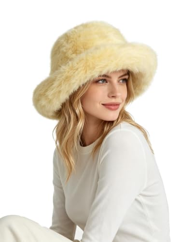 Lina & Lily Oversized Winter Faux Fur Bucket Hat for Women - Long Pile Fur Wide Moldable Brim - color: Light Yellow