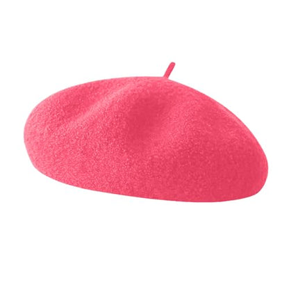 French Beret Hats for Women - Soft Warm Wool Solid Color Beanie Winter Cap - color: Hot Pink
