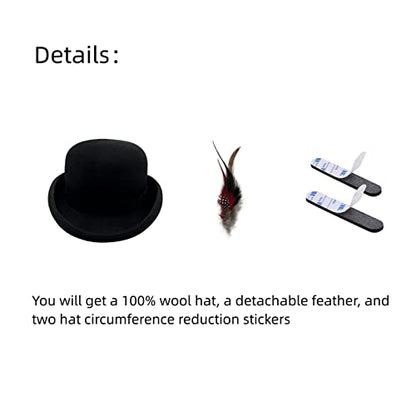 Black Bowler Hat for Men 100% Wool Derby Hat Mens Dress Hat Fedora Hats for Men Top Hat for Costumes - size: Medium