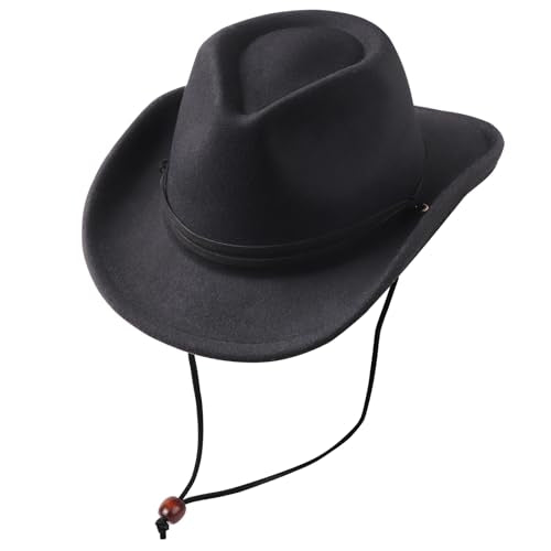 AQOKKA Cowboy Hat Wide Brim Western Cowgirl Hat with Buckle Belt Felt Fedora Cowboy Hat for Girl - color: Black