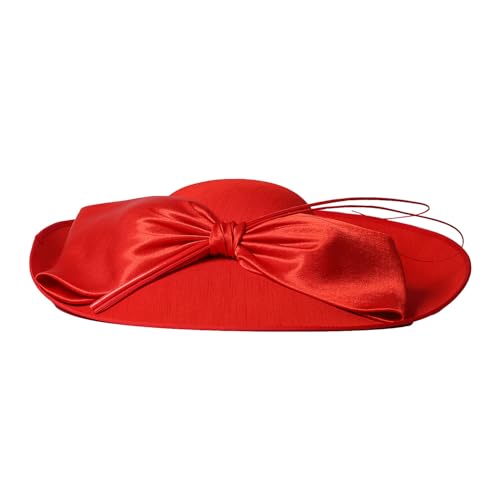 Big Wide Brim Fascinator Hats for Women Ladies Kentucky Tea Party Dress Flat Top Fedoras Hat with Bow Feather - color: Red 1