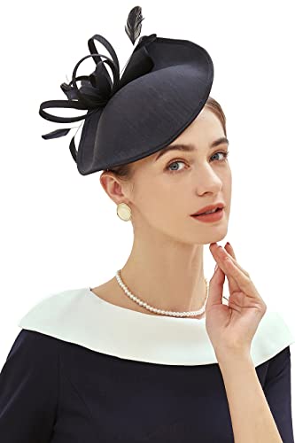 BABEYOND Wide Linen Feather Derby Fascinators Hats for Women Tea Party Hat - color: Style 2-black