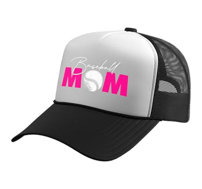 Baseball Mom Trucker Hat with Adjustable Mesh Back - color: Black/White