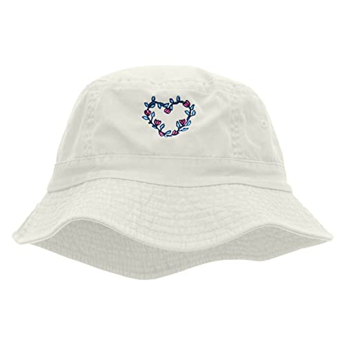 e4Hats.com Flowery Heart Embroidered Pigment Dyed Bucket Hat - color: White