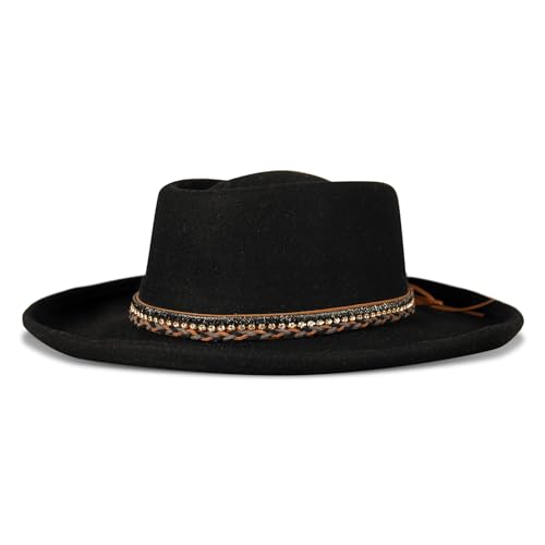 Lucky Brand Womens Ranger Hat | Wide Brim | Felt | Rancher | Americana | Western Inspired | Classic | Fashion | Cowboy - color: Rhinestone Tie - Black