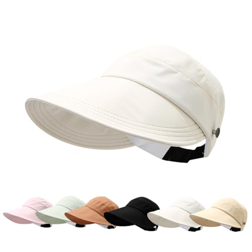 Sun Visor Hats for Women Summer UV Protection Adjustable Foldable Wide Brim Empty Top Cap for Outdoor Beach - color: Off-white