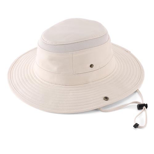 Home Prefer UPF 50+ Wide Brim Sun Hat Mesh Crown Foldable Cotton Bucket Cowboy Hat for Men Safari Golf Fishing Beach Garden - color: Beige, size: Medium