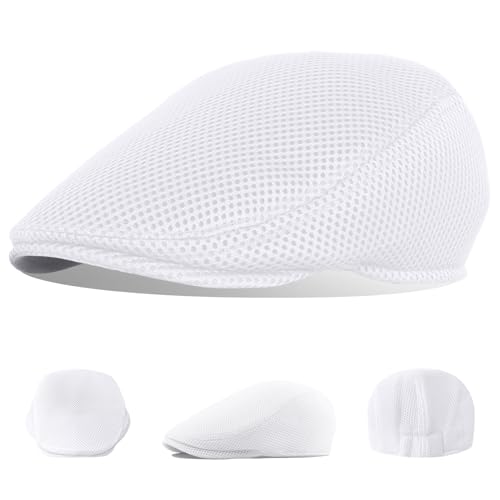 meioro Men's Mesh Flat Cap Summer Breathable Newsboy Hats Beret Ivy Cap Gatsby Irish Cabbie Driving Hat Full Head Wrap - color: White