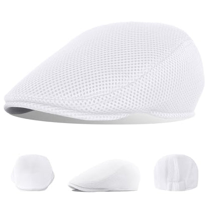 meioro Men's Mesh Flat Cap Summer Breathable Newsboy Hats Beret Ivy Cap Gatsby Irish Cabbie Driving Hat Full Head Wrap - color: White