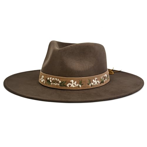 FLUFFY SENSE. Big Wide Brim Boho Western Hat for Women and Men - Felt Rancher Fedora Hat with 4 inches Flat Brim - color: Chocolate Brown, size: Medium