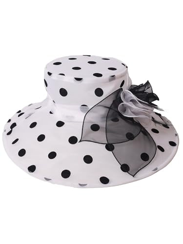 Organza Kentucky Dots Fascinator Hat for Women Ladies Wide Brim Big Sun Hats Wedding Church Hat Derby Cap - color: White and Black