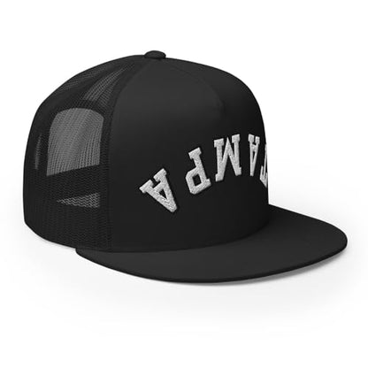 NX Upside Down Tampa Embroidered Flat Bill Trucker Hat High Crown Snapback Cap - color: Black