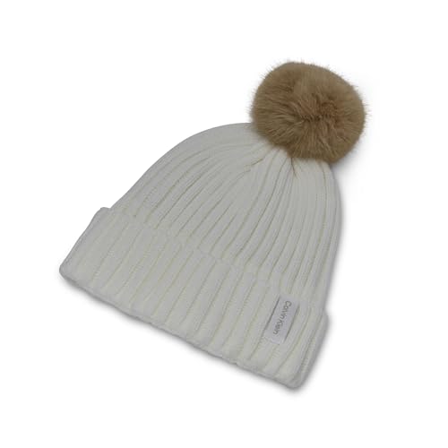 Calvin Klein Women's Faux Fur Pom Winter Beanie with Velboa Fleece Lining - color: Cream