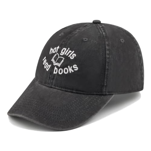 Embroidered Book Lover Baseball Cap for Men Women, Funny Washed Cotton Classic Dad Hat, Reading Lover Gift Idea - color: Hot Girls Read Books, Black