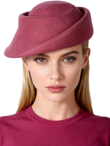 Small Top Hats for Women Elegant Winter Vintage Beret Wool Felt Fedoras Ladies Luxury Wedding and Church Cap Female - color: Rose Red