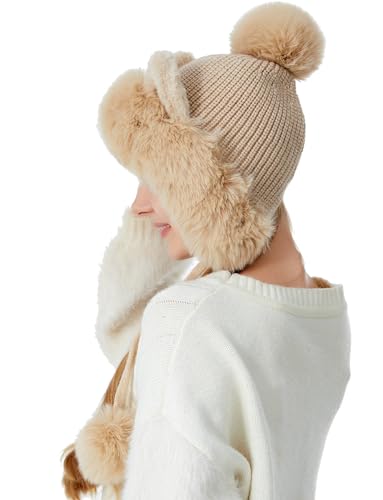 Womens Beanie Winter Hats Warm Pompom Faux Fur Crochet Skull Ear Cap - color: Apricot