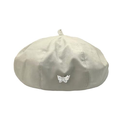 MINGSEECESS Women PU Leather French Black Beret Hat Causal Beanie Hat - color: Butterfly-white
