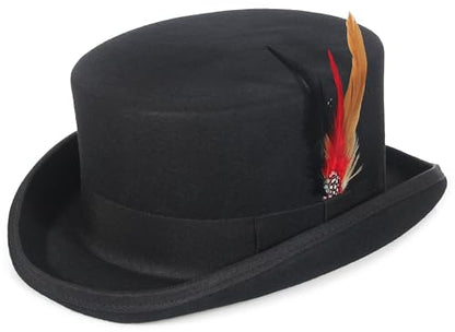 GEMVIE Men 100% Wool Top Hat Mad Hatter Satin Lined Black Low Top Hats for Party - color: Black-4.5" High, size: 7 5/8