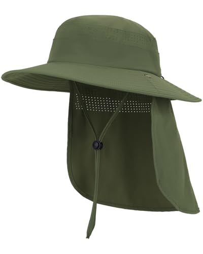 UPF50+ Sun Hat for Men Women,UV Protection Wide Brim Mesh Fishing Hat with Neck Flap for Outdoor Hiking - color: Army Green
