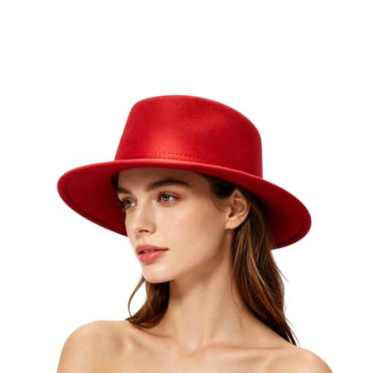 Fedora Flat Hat Classic Wide Brim Cap Panama Style Jazz Hat for Wedding Party Talent Performance Xmas Gift Unisex - color: Red