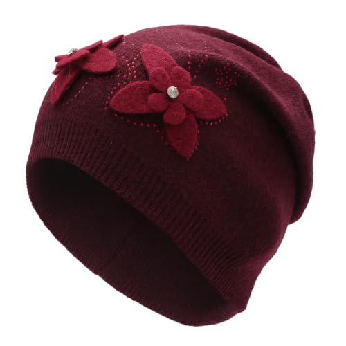 ZLYC Women Floral Slouchy Beanie Hat Double Layer Winter Knit Skull Cap - color: Dual Flowers Burgundy