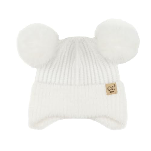 C.C Kids Ear Flap Fur Pom Beanie for Boys Girls - Comfortable Soft Warm Children Youth Knit Skully Hat with Faux Fur Pom - color: Double Pom - White