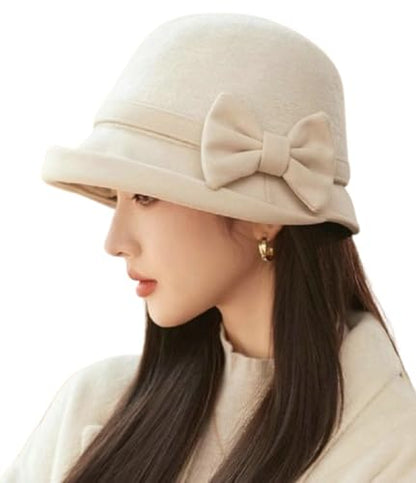 Classic Felt Fedora Hat for Women 2026 Fall Winter Soft Elegant Bow Bucket Hat Cozy Short Brim Cap 2026 - color: Beige