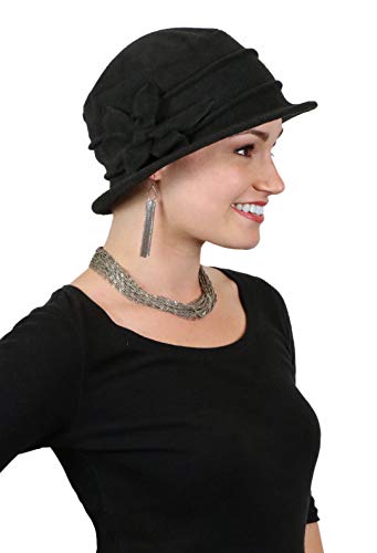 Fleece Flower Cloche Hat for Women Chemo Cancer Ladies Headwear 50+ UPF - color: Black