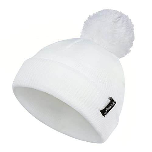 Zando Toddler Winter Hat & Pom Pom Beanie, Double Layer Knit Cap for Boys & Girls - color: White, size: 3-8 Years