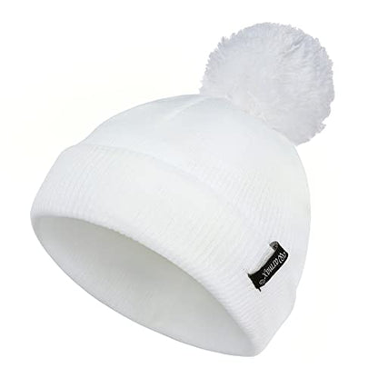 Zando Toddler Winter Hat & Pom Pom Beanie, Double Layer Knit Cap for Boys & Girls - color: White, size: 3-8 Years