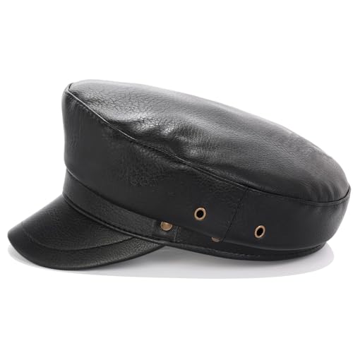 Women's Yacht Captain Sailor Hat, PU Material Newsboy Hat, Stylish Biker Hat, Baker Boy Hat, Peaked Beret - color: Black