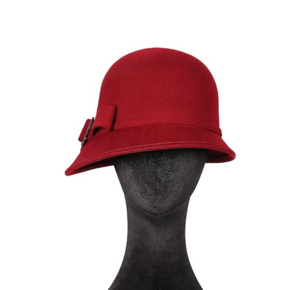 Women Solid Color 100% Wool Winter Hat Women Cloche Bucket Bowler with Bowknot - color: Burgundy