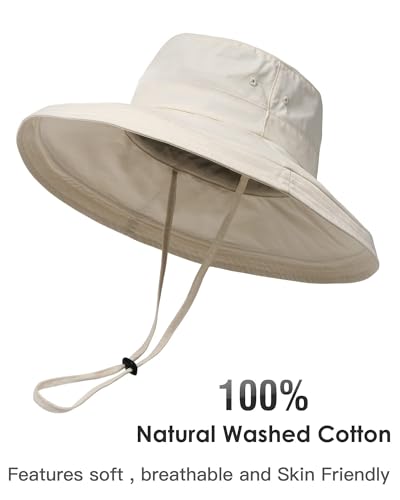 Hatiis Womens Sun Hat with Ponytail Hole Cotton Shapeable Wide Brim - color: Beige