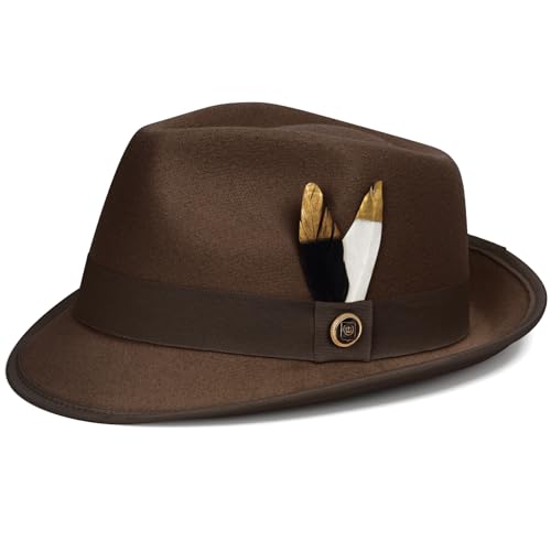 Fedora Hats for Men & Women Short Brim Felt hat Trilby Fedora with Feather Panama Dress Hat - color: Brown, size: Medium