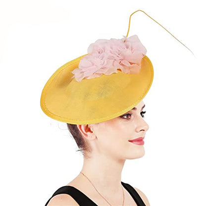 ORIDOOR Women Fascinators Derby Church Tea Party Wedding Flower Feathers Headpiece with Headband Clips - color: Yellow