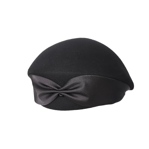 Womens Wool Felt French Berets Pillbox Hat Vintage Beanie Beret Bowknot Cap - color: A Black