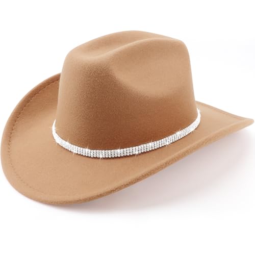 Western Cowboy Hats for Women Classic Felt Wide Brim Fedora Hat with Belt Buckle Retro Panama Hat Unisex Rolled up Cap - color: 1 Pack : Camel With 3 Rhinestones Bands