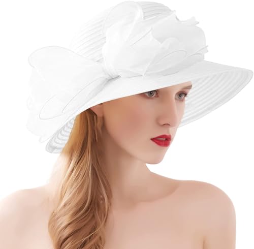 Women's Kentucky Derby Church Dress Hat Wide Brim Leaf Flower Bridal Shower Hat - color: 01 White