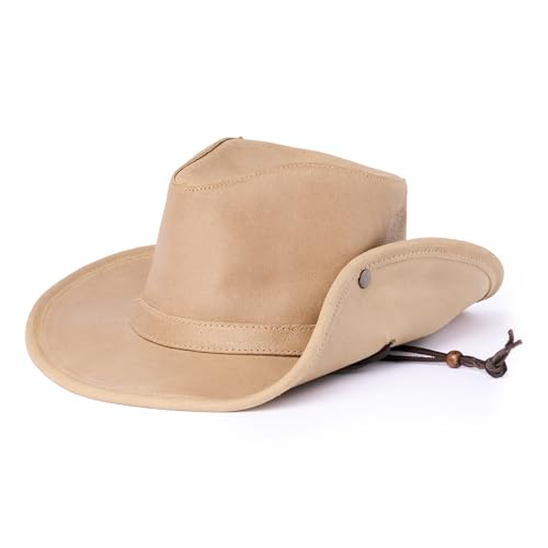 Minnetonka Unisex Aussie Leather Hat with Adjustable Chin Strap - color: Tan, size: X-Large