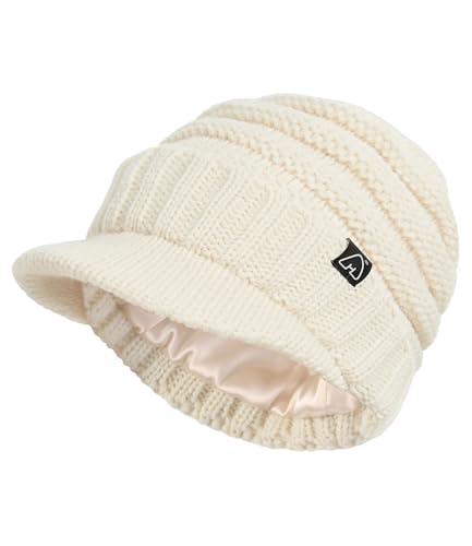 Hat Hut Beanie Hats for Women Men Satin Lined Winter Hats for Women Slouchy Beanies Satin Lined Beanie with Brim Visor - color: Beige