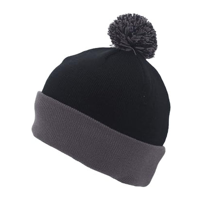 Pacific Headwear Unisex Adult Pacific Headwear Knit Fold Over Pom-pom Beanie - color: Black/Graphite, size: One Size
