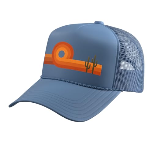Retro Desert Sunset, Vintage Southwest Cactus Landscape Trucker Hat with Adjustable Mesh Back - color: Light Blue