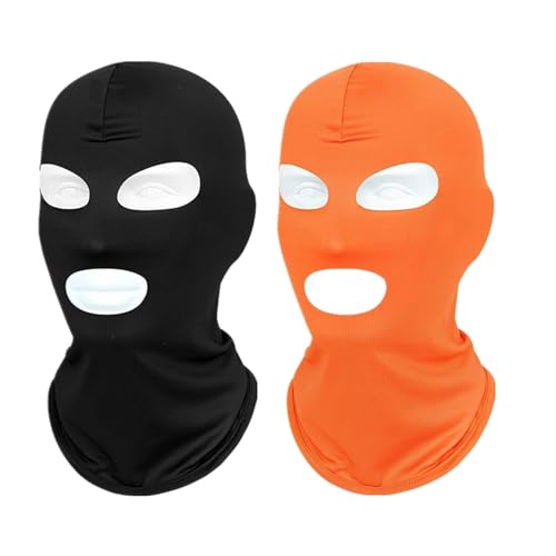 2Pcs Full Face Mask,2Hole/3Hole Black Thin Balaclava Seamless Mask - color: 3 Hole Black+orange