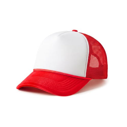 CHOK.LIDS Blank Foam Trucker Hat, Retro Mesh Rope Snapback Cap, Men Women - color: Curved Brim (White/Red)