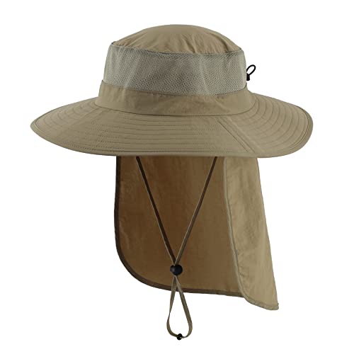 Home Prefer Outdoor UPF50+ Mesh Sun Hat Wide Brim Fishing Hat with Neck Flap Sun Hat for Men Women - color: Light Vert Khaki